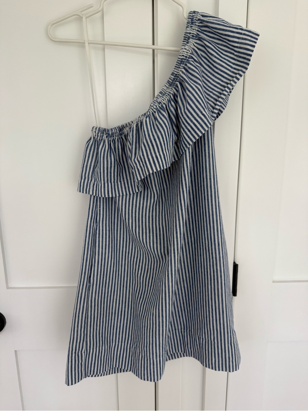 J. Crew Blue and White Striped One-Shoulder Ruffle Dress